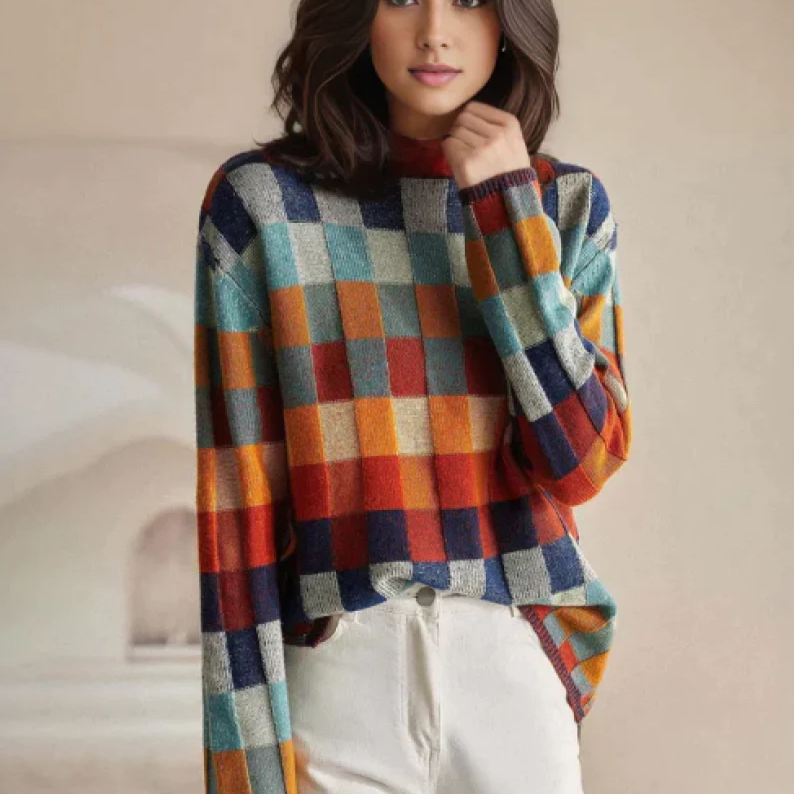 Adalynn™ - Färgglad rullkrage tröja med patchwork-strickmönster