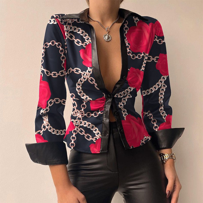 Silvia | V-ringad PU-läder tryckt långärmad patchwork-blus